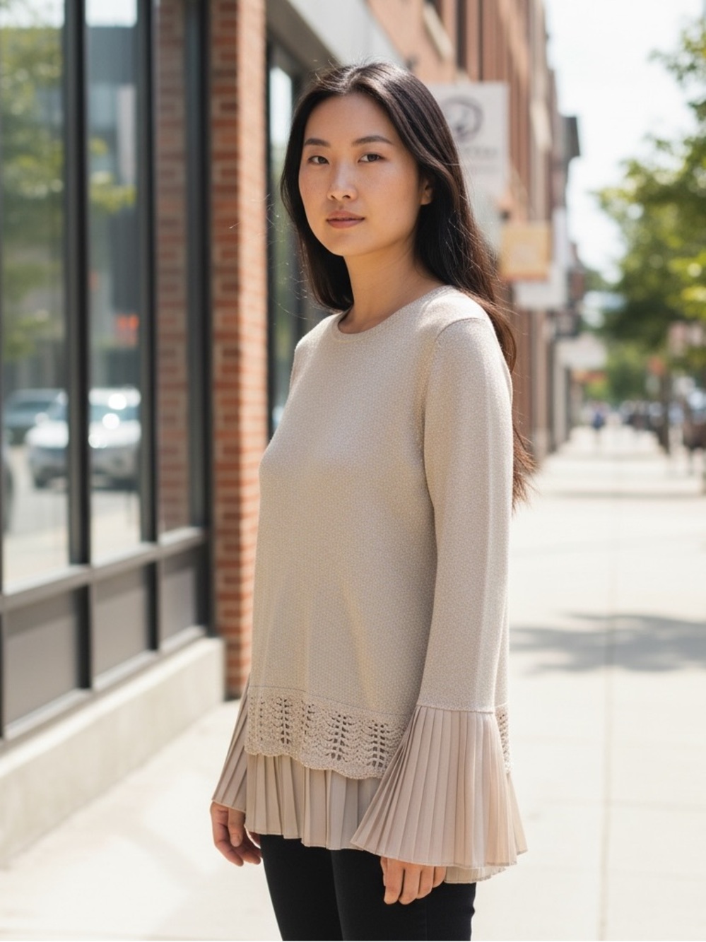 Anthropologie Sioni Studio Sequined Sweater Layered Bell Pleated Sleeves Size S